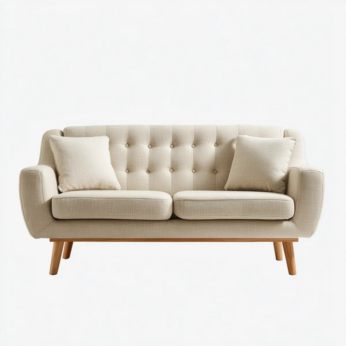 Canapé 2 places avec 2 coussins beige 140 x 80 x 85 cm polyester pieds en hévéa forme droite