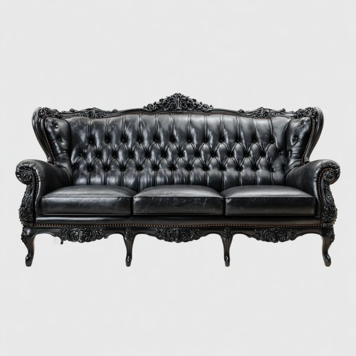 Canapé 3 places Chesterfield noir en cuir synthétique PU et bois massif sculpté 225 x 90 x 125 cm