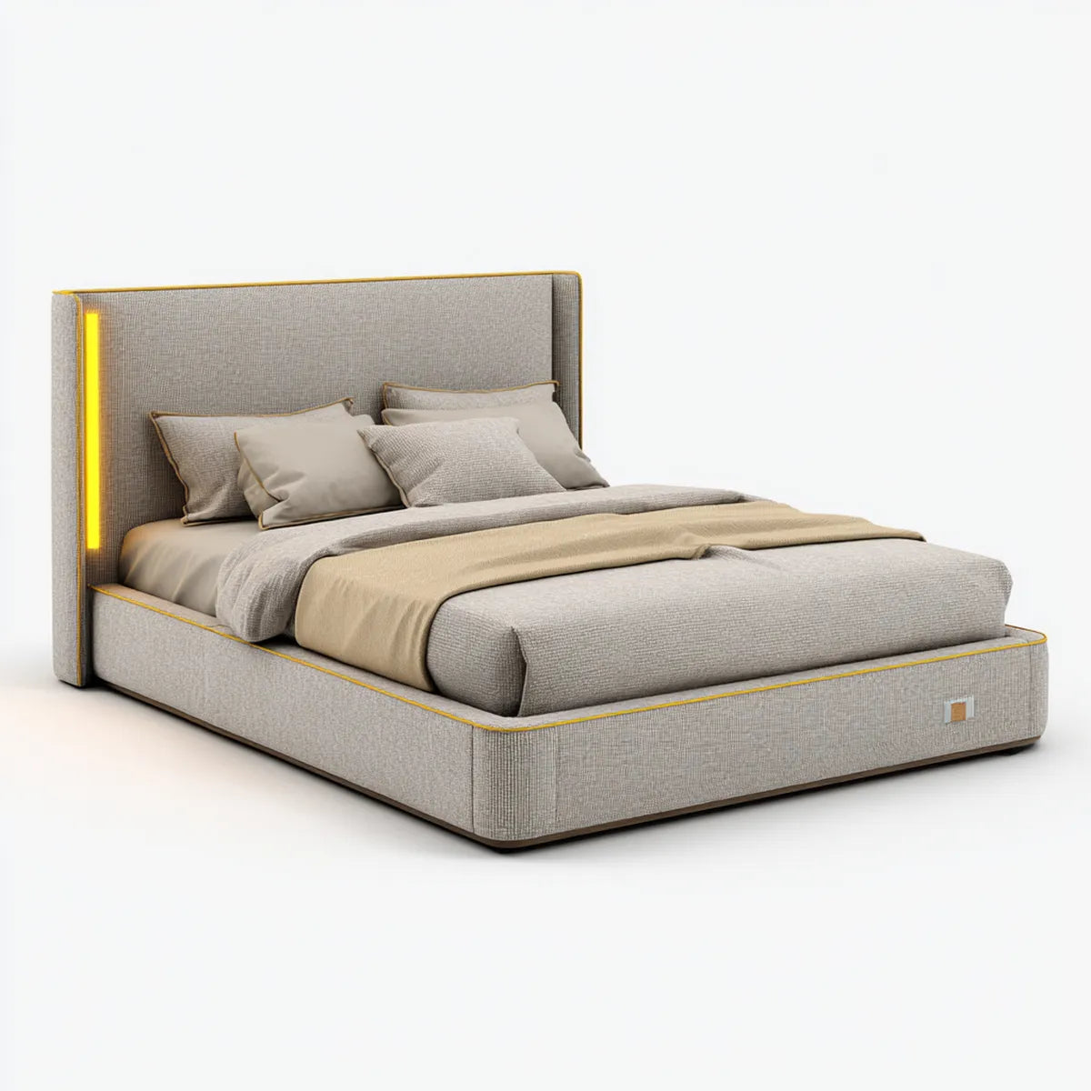 Lit double tapissé gris clair 160 x 200 cm en polyester rectangulaire avec tête de lit lumineuse