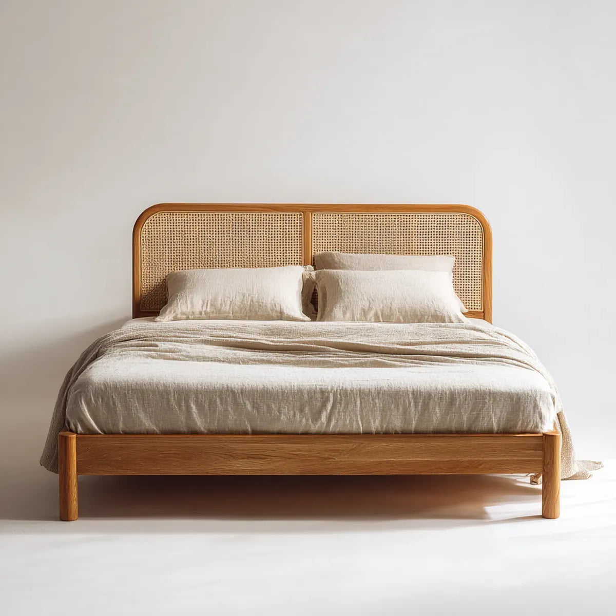 Lit double 160 x 200 cm marron en bois massif et cannage de rotin rectangulaire