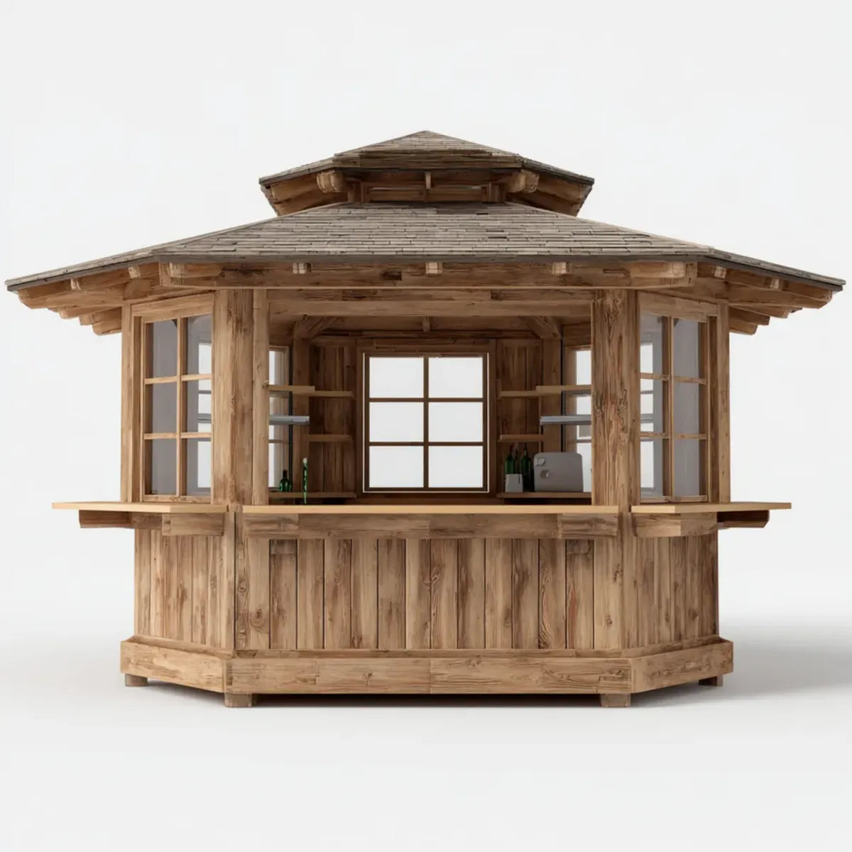 Kiosque bar de jardin octogonal naturel en bois massif 300 × 250 × 320 cm