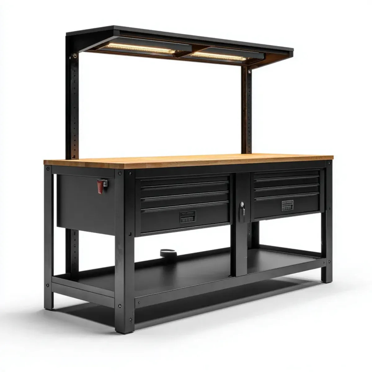 Établi d'atelier avec éclairage LED noir 160 x 60 x 200 cm en acier et bois d'hévéa massif avec 2 tiroirs