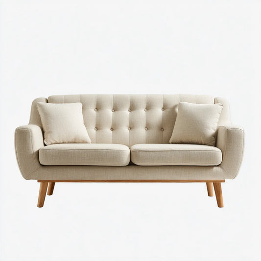 Canapé 2 places avec 2 coussins beige 140 x 80 x 85 cm polyester pieds en hévéa forme droite