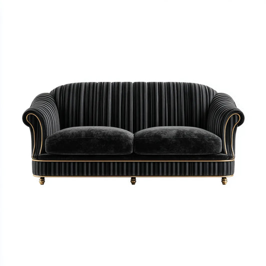Canapé 2 places noir et gris rayé en velours de polyester forme droite 170 x 90 x 85 cm