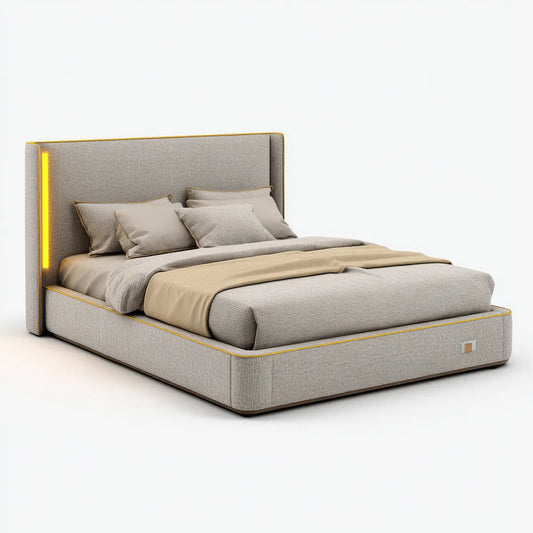 Lit double tapissé gris clair 160 x 200 cm en polyester rectangulaire avec tête de lit lumineuse