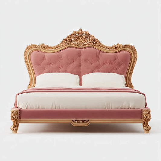Lit double capitonné rose et doré 180 x 200 cm en bois massif et polyester forme rectangulaire