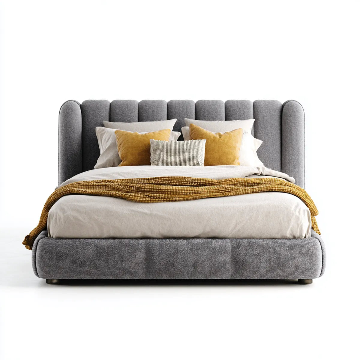 Lit double capitonné gris en polyester 160 x 200 cm avec tête de lit arrondie