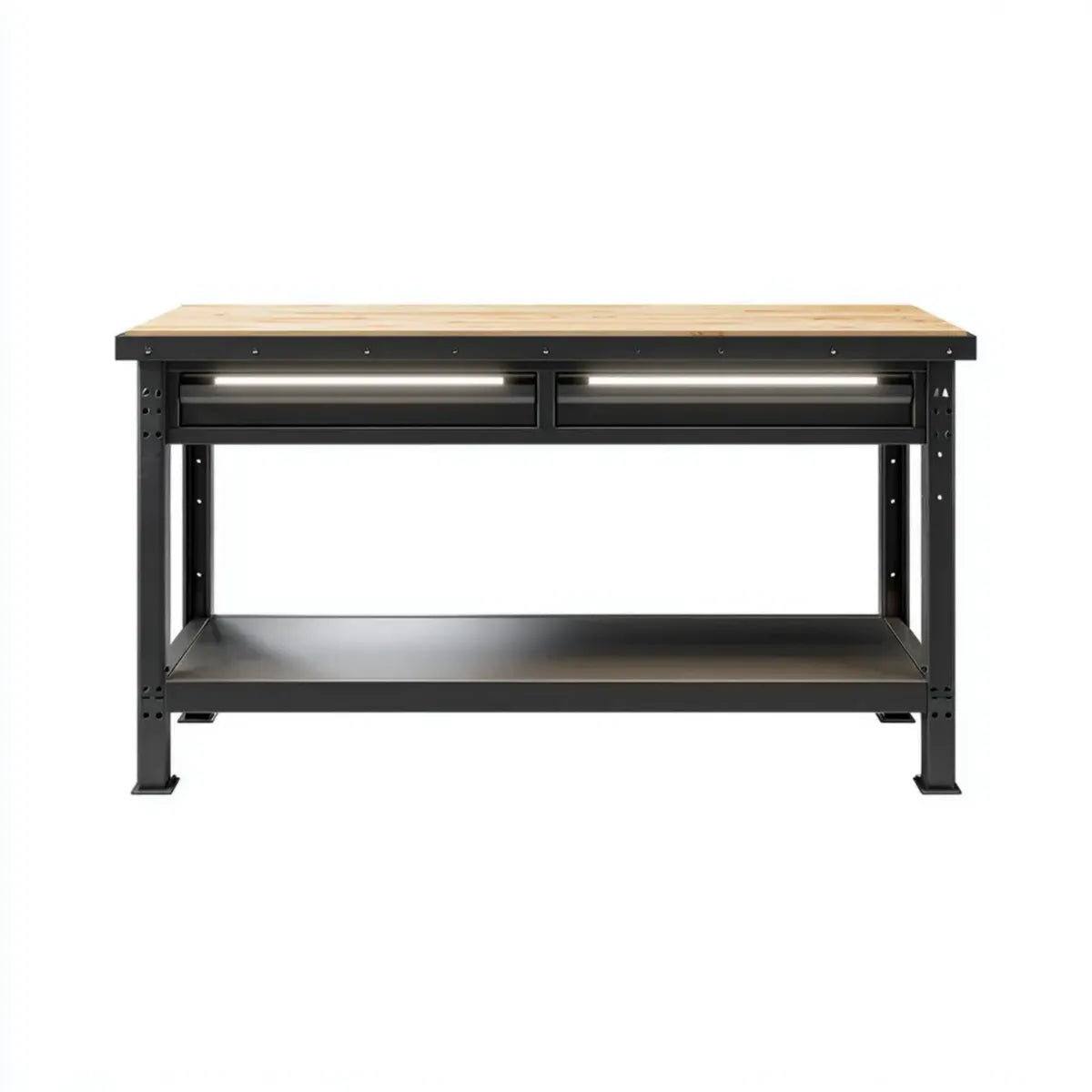Établi d'atelier avec 2 tiroirs noir et bois naturel 160 x 60 x 85 cm acier et bambou rectangulaire