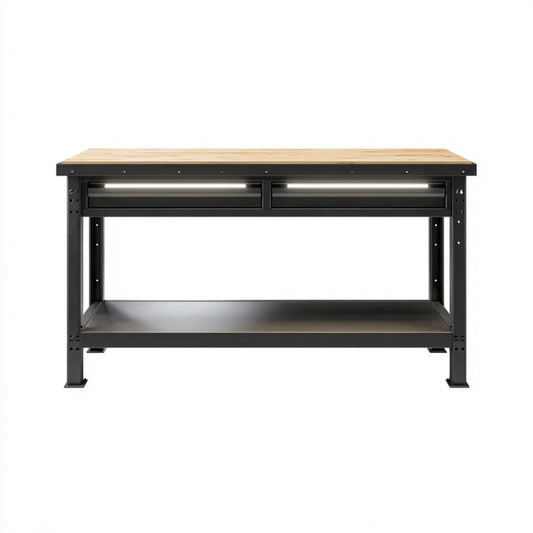 Établi d'atelier avec 2 tiroirs noir et bois naturel 160 x 60 x 85 cm acier et bambou rectangulaire