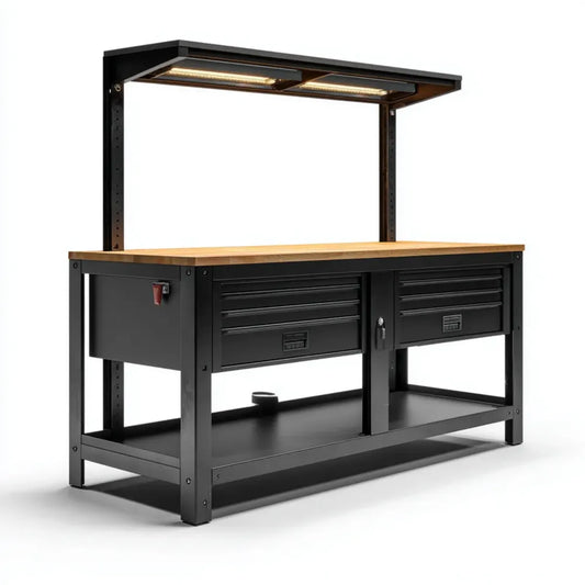 Établi d'atelier avec éclairage LED noir 160 x 60 x 200 cm en acier et bois d'hévéa massif avec 2 tiroirs